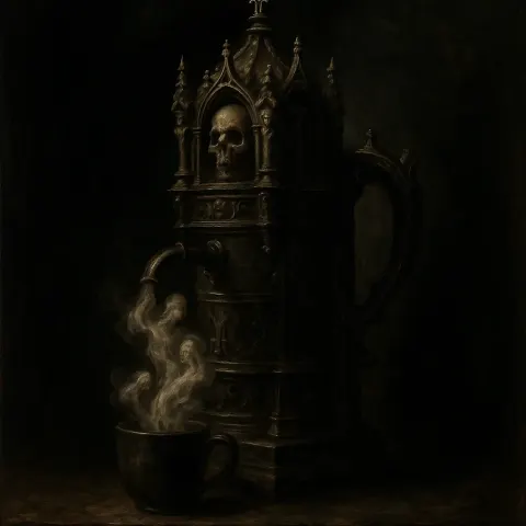 Dramatic Chiaroscuro Painting Depicting a Gothic Coffee Maker