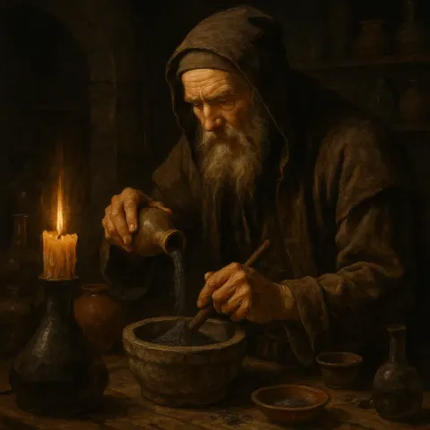 Old Alchemist Mixing Ingredients to Create Gunpowder in a Poorly