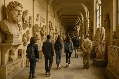 Group of People Explores a Museum Corridor Featuring Ancient Sculptures