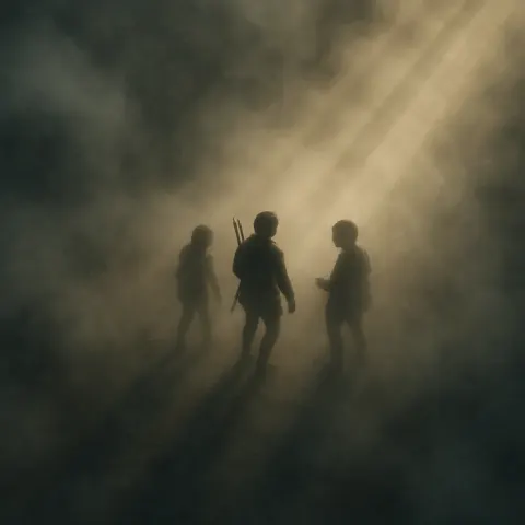 Three Diminutive Figures—one Subtly Marked by a Quiver's Silhouette