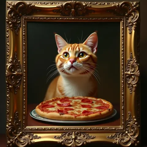 Baroque Cat Pizza in a Gilded Frame