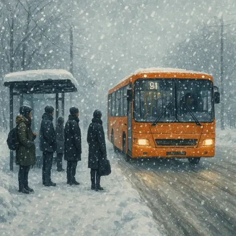 Snowy Street Scene with People Waiting at a Bus Stop