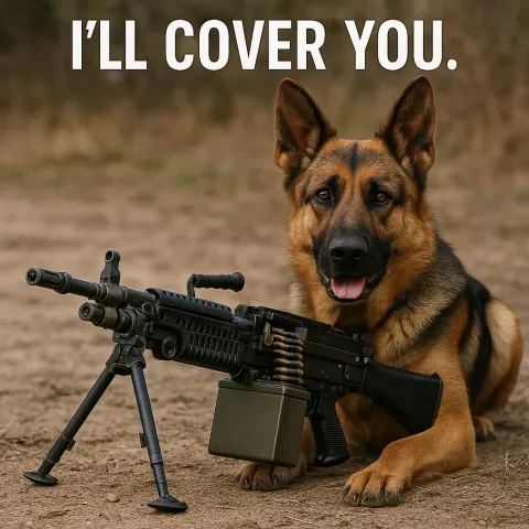 German Shepherd Positioned Next to a Machine Gun