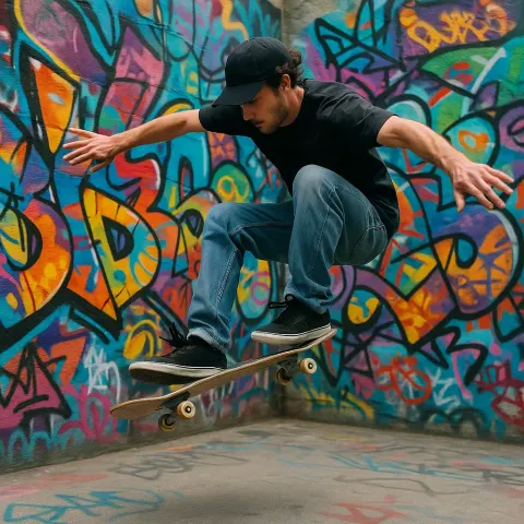 Daring Skateboarder Performing an Aerial Trick While Encircled by Colorful