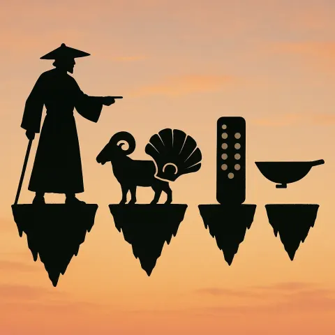 Silhouetted Feudal Figure Forms Repeating Pictographic Symbols with a Ram