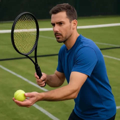 Man Dressed in a Blue Shirt Is Gripping a Tennis
