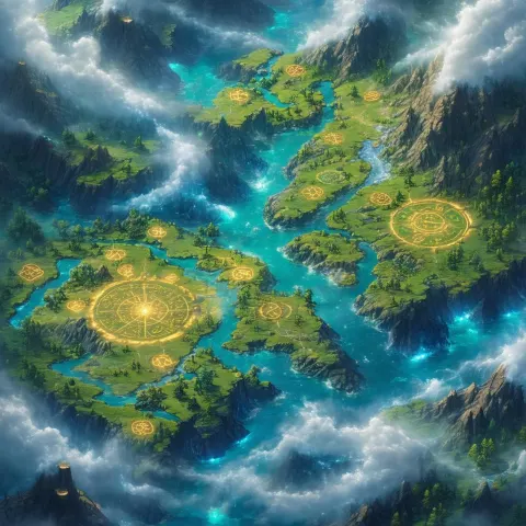 Dreamy JRPG World Map With Glowing Runes