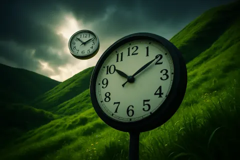 Two Diverse Analog Clocks Ascend Vertically Against Blooming Green Foothills