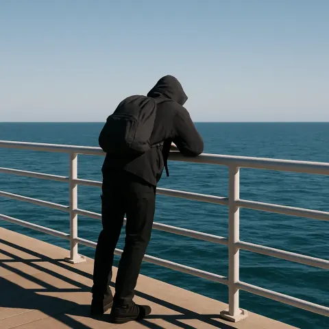 Person Wearing a Black Outfit and Backpack Leans
