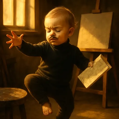 Toddler with a Delicately Drawn Pencil Mustache and Wearing