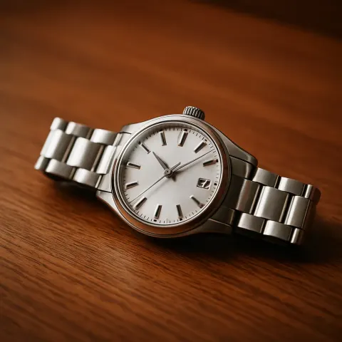 Wooden Desk Holds the Man's Wristwatch