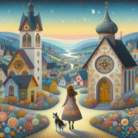Whimsical Village Walk with Dog