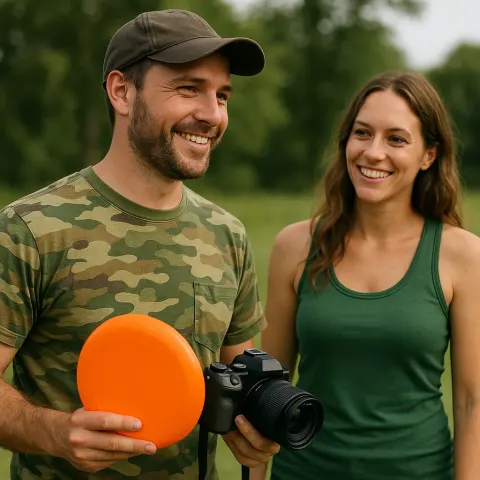 Man in a Camouflage Shirt Holds a Frisbee and Camera