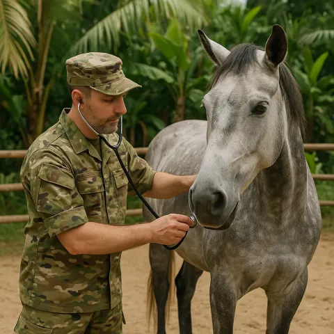 Veterinarian in Camouflage Examines a Gray Horse in an Outdoor