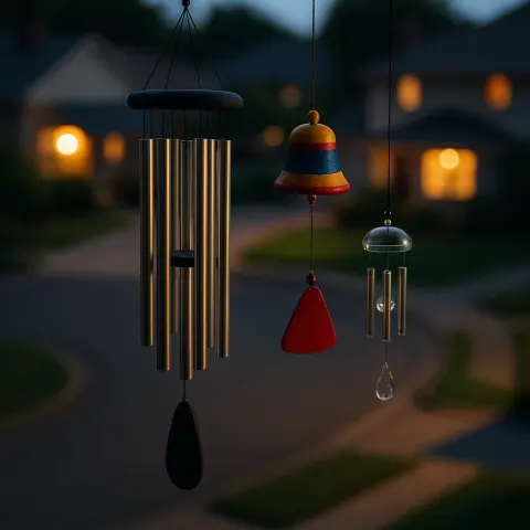 Peaceful Cul-de-sac at Dusk Features a Centered Trio of Chimes