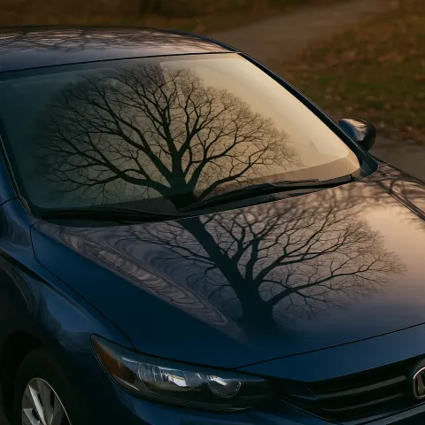 Reflection of a Tree Appears on the Shiny Windshield