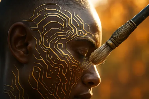 Intricate Cybernetic Circuitry Patterns Gleam on the Skin