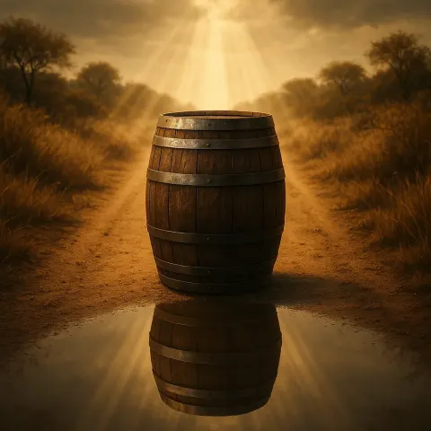 Single Oak Barrel—its Dark Stained Exterior