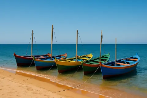 Sandy Beach Lined with Vibrant Wooden Boats