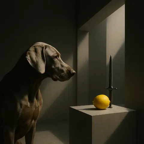 Weimaraner Regards a Surreal Tableau of a Letter Opener