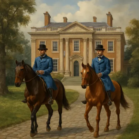 Two Individuals Wearing Blue Jackets Are on Horseback