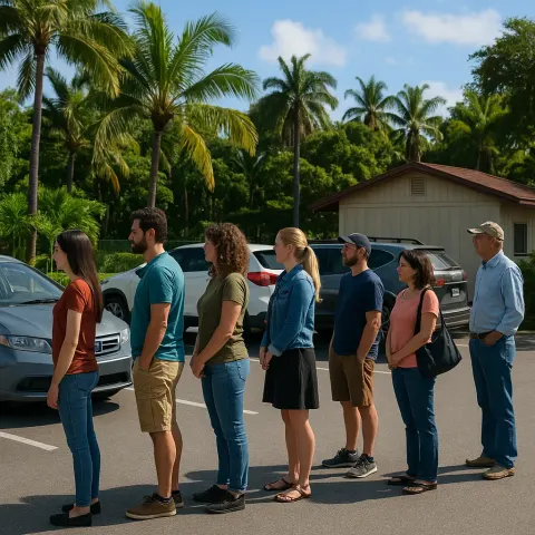 Group of People Stand in Line Outdoors near Parked Cars
