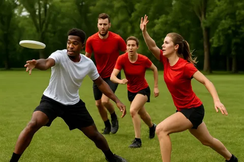 Group of People Playing Ultimate Frisbee on a Grassy Field