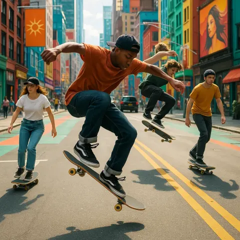 Skateboarding Enthusiasts Are Showcasing Tricks and Gliding Through Colorful Urban