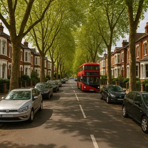 Tree-lined Street with Parked Cars