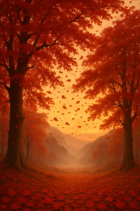Countless Crimson Leaves Drift from Ancient