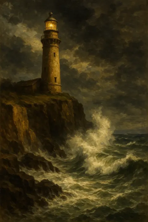 Oil Painting from the 1800s Depicting a Grand Lighthouse