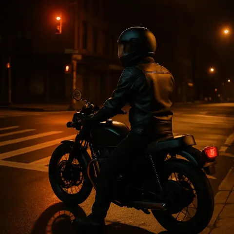 Motorcyclist Wearing a Helmet and Leather Jacket Waits