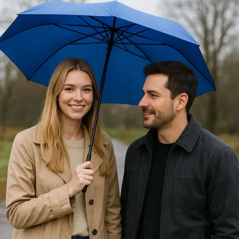 Woman with Long Blonde Hair Holding a Large Blue Umbrella