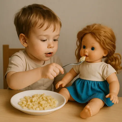 Young Child Is Sitting at a Table Feeding Food
