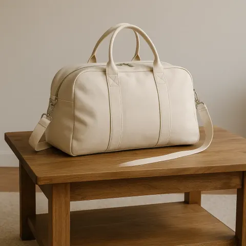 Cream-colored Travel Bag Alongside a Coffee Table Made of Wood
