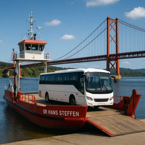 Red Ferry Named "Dr Hans Steffen" Carrying a White Bus