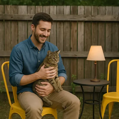 Man Sits Outdoors near a Wooden Fence Holding a Cat