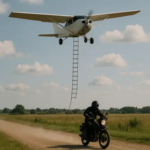 Small Aircraft with a Ladder Hanging Below It Hovers
