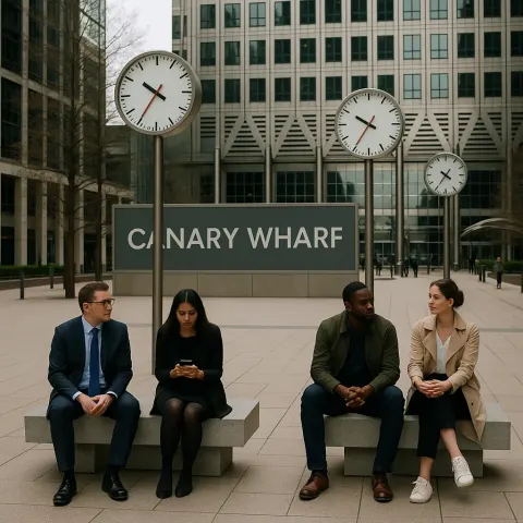 Group of People Seated on Modern Stone Benches