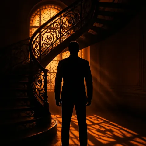 Suit Stands Before an Ornate Spiral Staircase