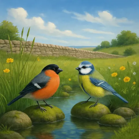 Two Vibrant Songbirds Sit on Mossy