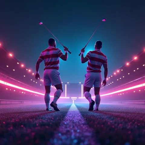 Neon Rugby Players Golfing on Holograms