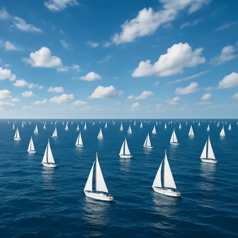 Many Distant Sailboats with White Sails Glide Across an Expansive