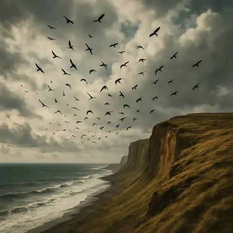 Scattered Formation of Numerous Distant Birds Soars Gracefully