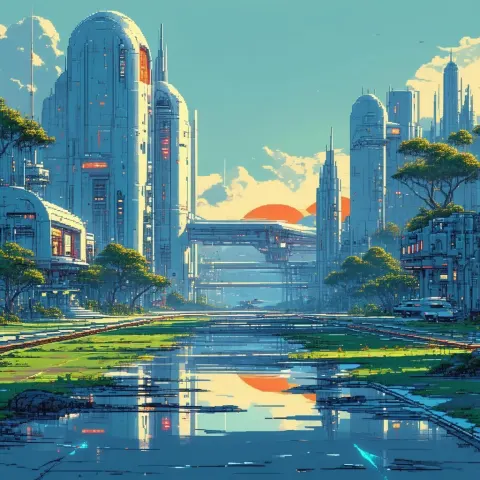 Niemeyer Inspired Pixel Metropolis at Sunrise
