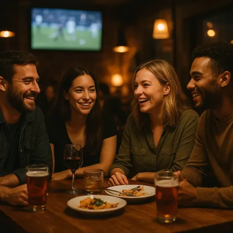 Group of People Sitting at a Table in a Dimly