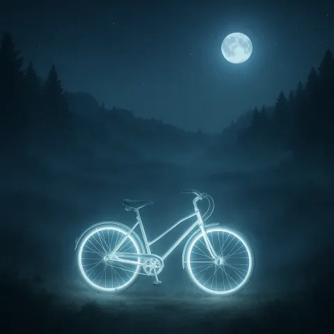 Serene Nocturnal Scene Showcasing a Shimmering Bicycle Enveloped by Fog