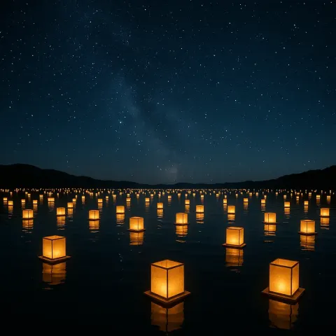 Innumerable Glowing Paper Lanterns Drift Slowly Across a Serene Lake
