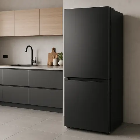 Modern Kitchen Featuring a Matte Black Refrigerator