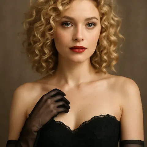 Woman with Blonde Curly Hair Wearing a Strapless Black Lace